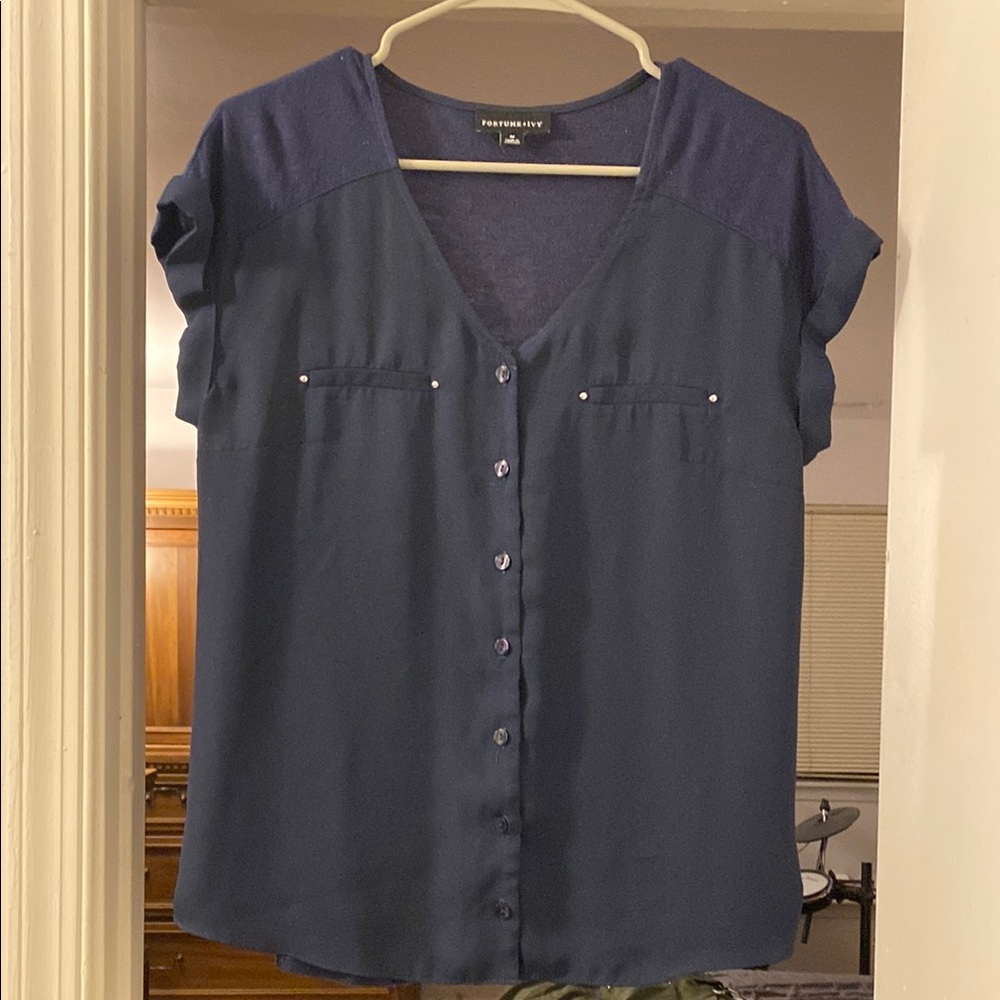 Navy Blue V-Neck Cap Sleeve Button Down Shirt